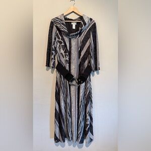 Bethany dress Women XL abstract print 3/4 sleeve Maxi gray black Elegant Belted